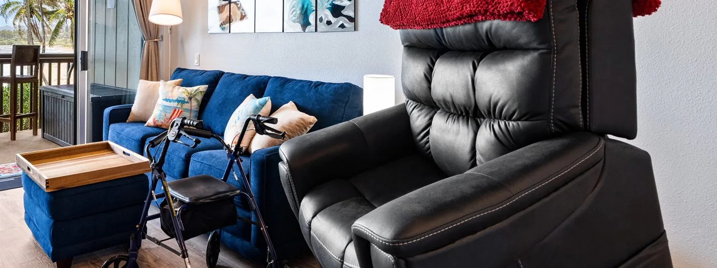Power-lift recliner raised to standing position
