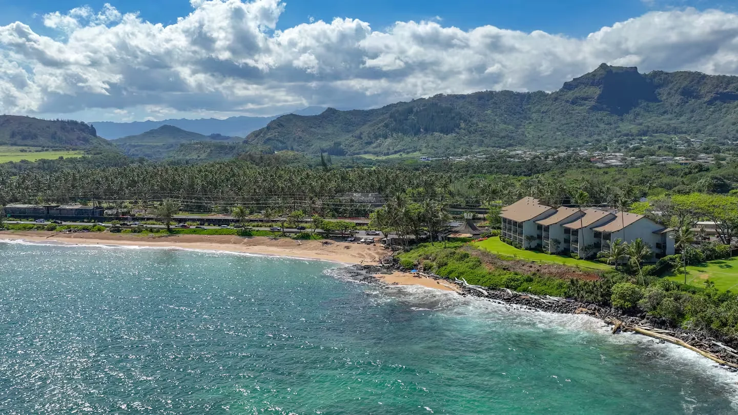 Aerial of the East Shore coastline and mountains around the property