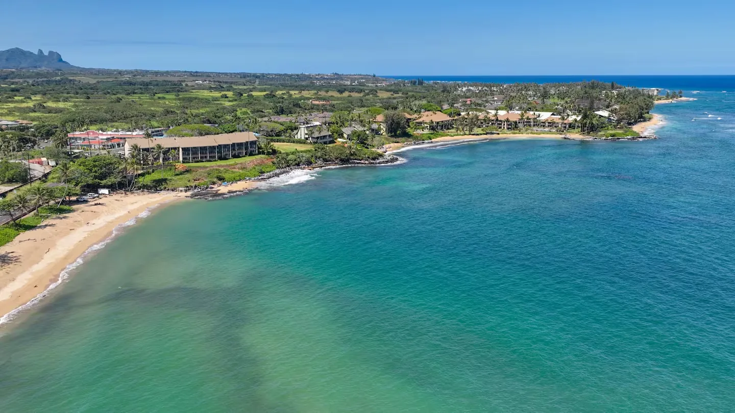 Aerial of Wailua Bay — beach, reef, and coastline from above