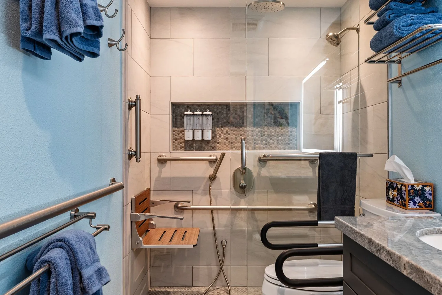 Walk-in shower and vanity